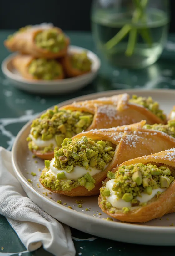 Cannoli pisztáciás töltelékkel, csokoládéval és pisztáciadarabokkal díszítve
