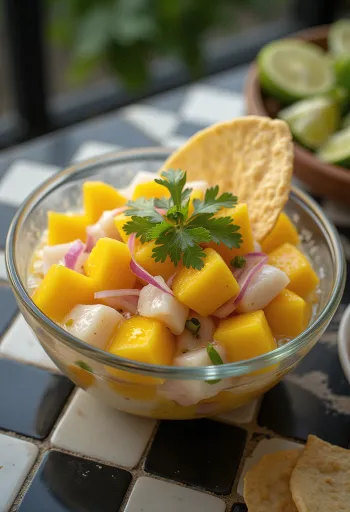 Ceviche con mango, friss hal és mangó keverék lime-mal és korianderrel