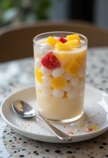 Chè zselécseppekkel friss gyümölcsökkel tálalva