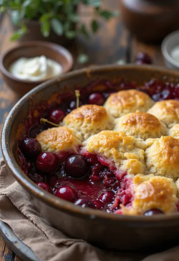 Cobbler meggyel, friss tésztával és meggyszörppel tálalva
