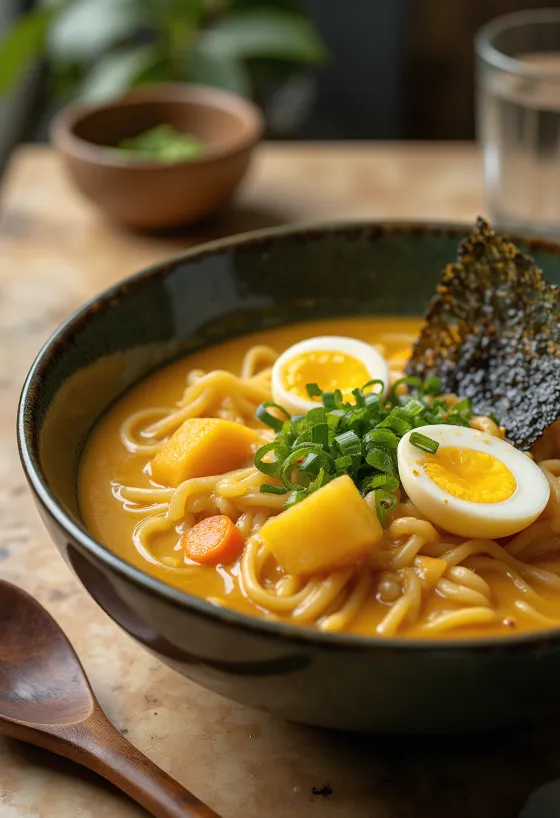 Curry ramen tálalva japán curry alaplével és főtt tojással