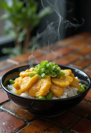 Edamame zöld szója töltelékű Oyakodon, tojással, csirkehússal és friss korianderrel díszítve