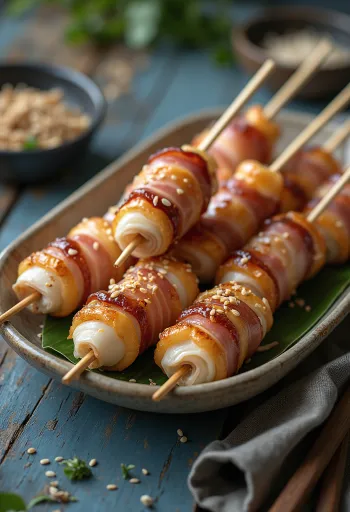 Enoki maki yakitori gomba szalonnába tekerve, szezámmaggal és friss zöldhagymával tálalva