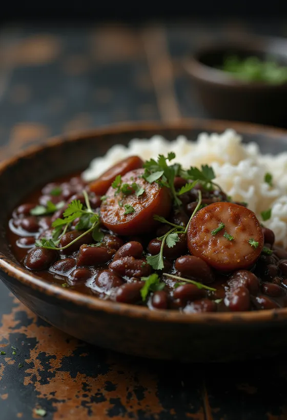 Feijoada tálalva fekete babbal és füstölt hússal