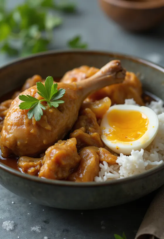 Gudeg főtt tojással, indonéz étel friss zöldségekkel