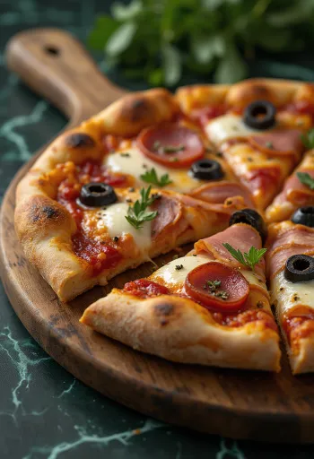 Húsos pizza olívabogyóval, frissen sütve ropogós tésztával