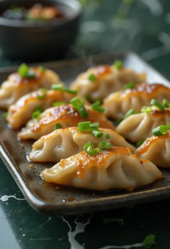 Japán gyoza sertéshúsos töltelékkel, pirított aljú tésztában, szójaszószos mártogatóval tálalva