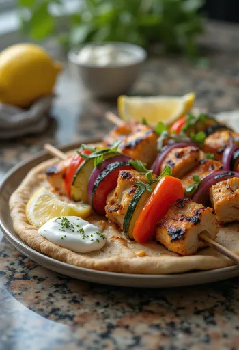 Kebab zöldségekkel, csirkehússal és friss joghurttal