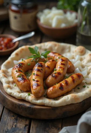 Klasszikus cevapi, frissen sült és szép aranybarna, pita kenyéren tálalva