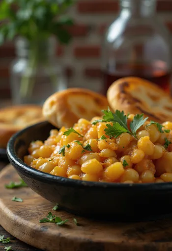 Misal Pav sabudana tápióka változatban, egy tálban gazdag tápiókás szósz, ropogós zsemlével tálalva