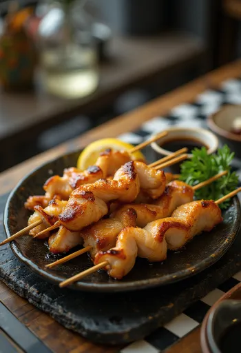 Nankotsu Yakitori csirke porc grillezve, zöldhagymával és szezámmaggal tálalva
