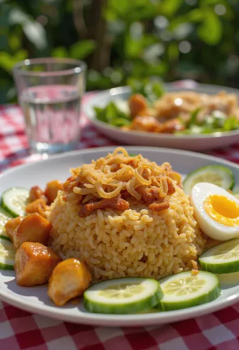 Nasi Campur csirkehússal tálalva, sült hagymával és korianderrel