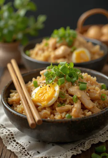 Nasi Goreng Satay-vel, gazdag fűszerekkel és satay szósszal tálalva