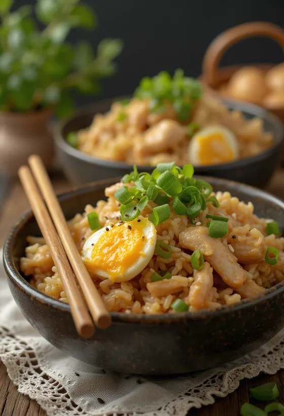 Nasi Goreng Satay-vel, gazdag fűszerekkel és satay szósszal tálalva
