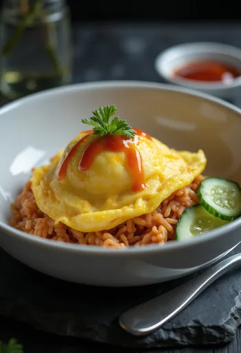 Omurice tál uborkával tálalva