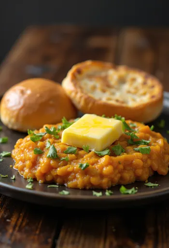 Pav Bhaji vajjal, ropogós zsemlével és friss korianderrel tálalva