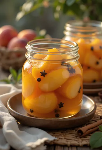 Pickled peaches in a glass jar