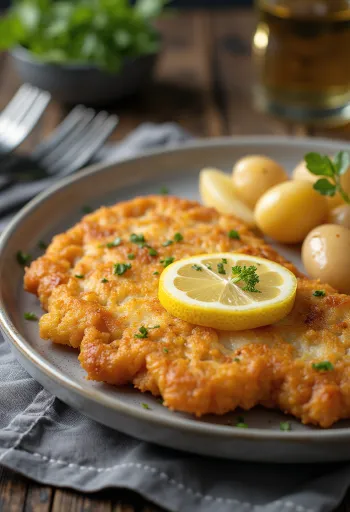 Pork schnitzel burgonyával, ropogós sertéshús és vajas burgonya