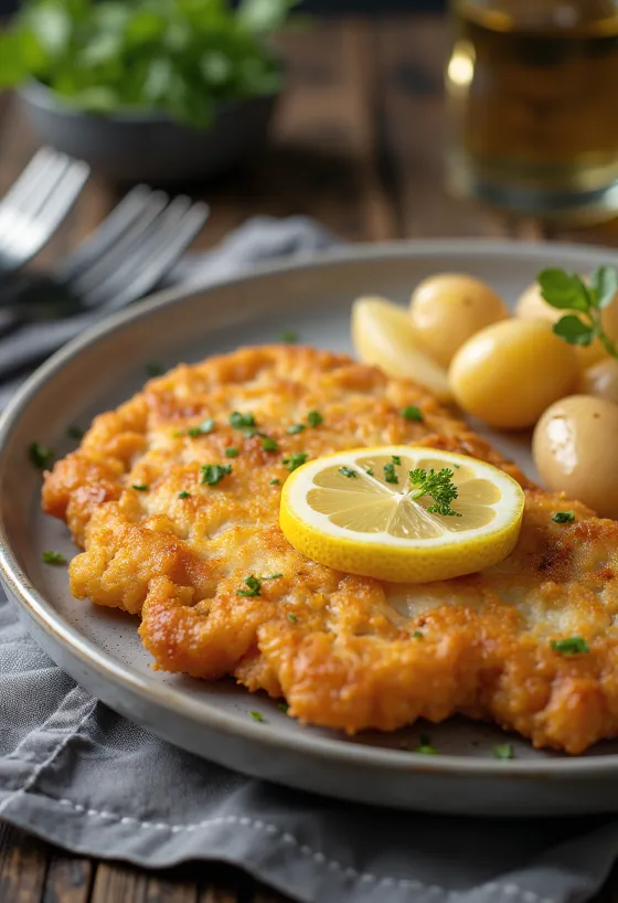 Pork schnitzel burgonyával, ropogós sertéshús és vajas burgonya