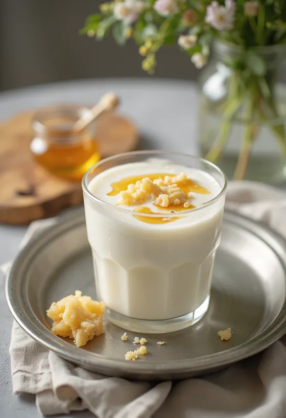 Friss borsmentás kefir egy pohárban jégkockákkal és borsmenta levelekkel