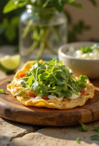 Korianderrel és sajttal töltött quesadilla ropogósra sütve, szeletekre vágva