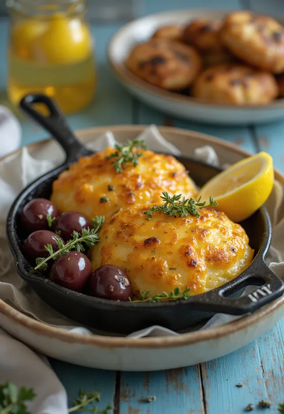Saganaki sajt olívabogyóval és feta sajttal tálalva