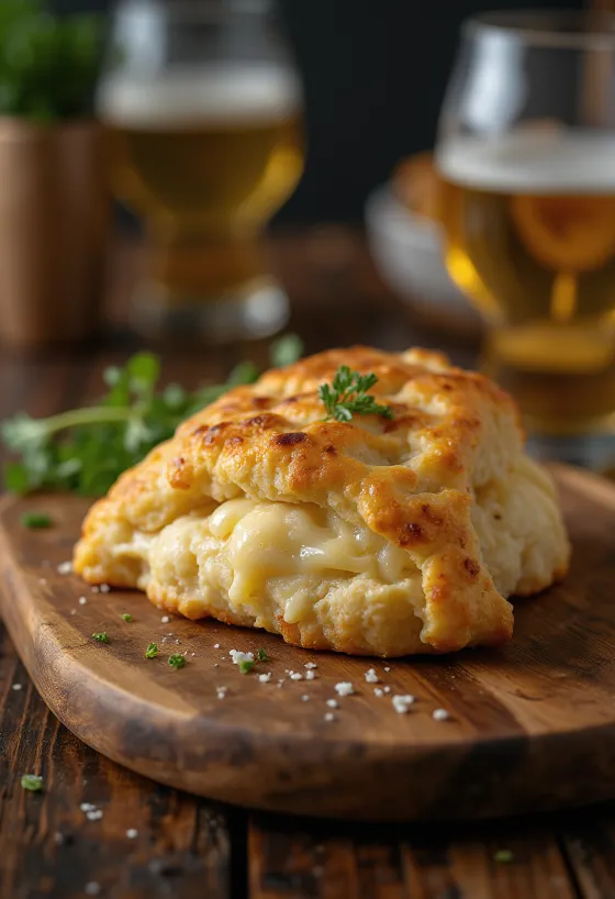Scone füstölt sajttal, friss teával tálalva, puha és aranybarna
