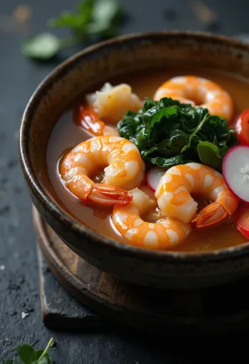Sinigang garnélarákkal tálalva, savanykás leves friss zöldségekkel és rákokkal.