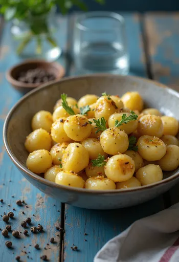 Sült fokhagymás gnocchi tálalva