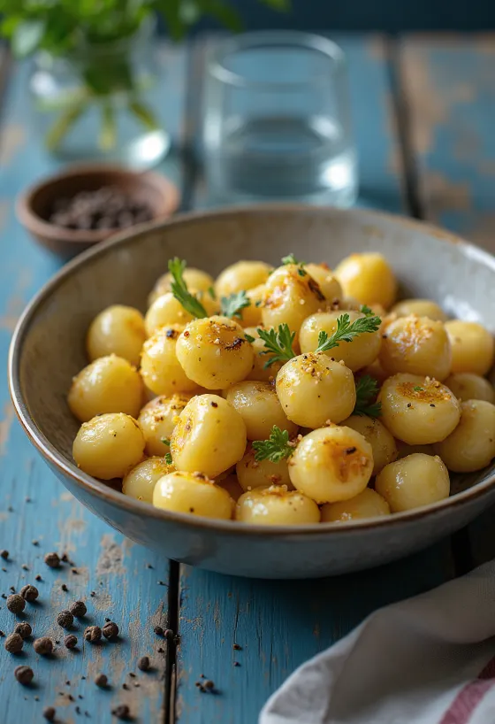 Sült fokhagymás gnocchi tálalva