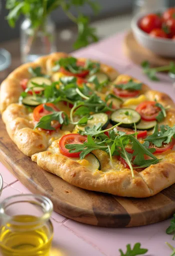 Tavaszi zöldséges-rukkolás focaccia tálalva