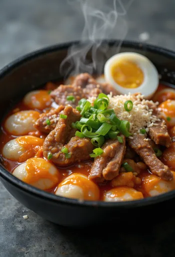 Tteokbokki galbival, koreai rizsgombóc fűszeres szósszal, tojással és kimchivel