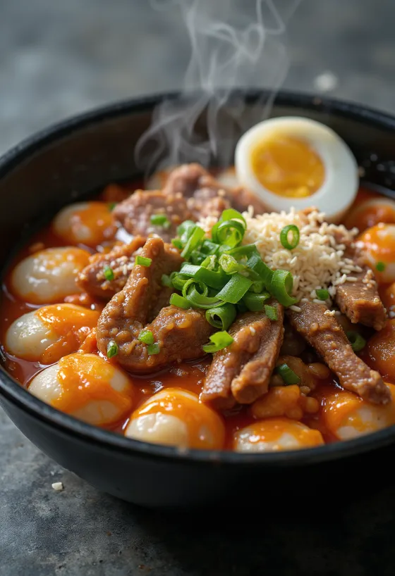 Tteokbokki galbival, koreai rizsgombóc fűszeres szósszal, tojással és kimchivel