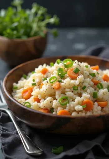 Vegán karfiolrizs sárgarépával tálalva
