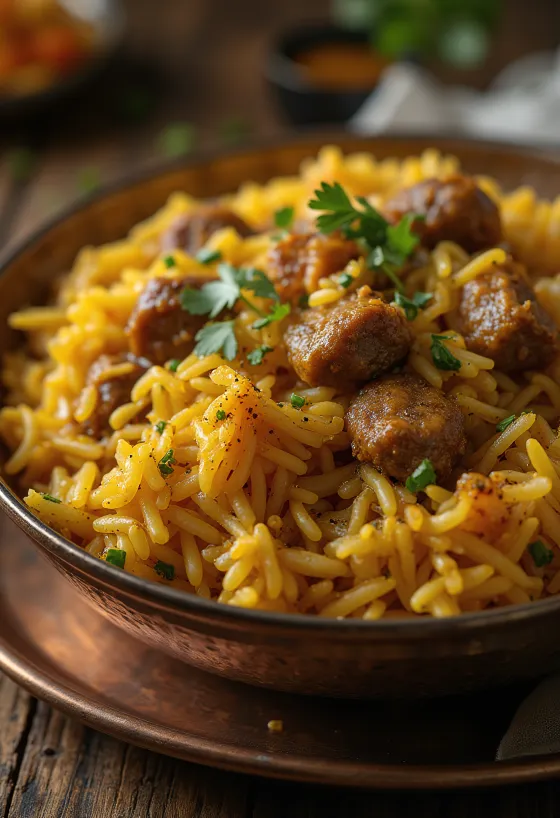 Biryani marhahússal gazdag, fűszeres marhahússal és basmati rizzsel, friss korianderrel és mentával díszítve.