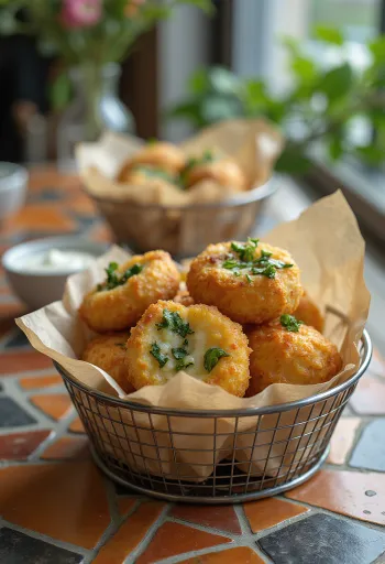 Bolinho de Bacalhau spenóttal, friss korianderrel tálalva