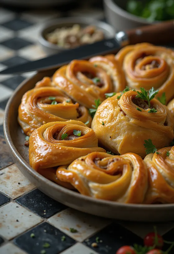 Friss börek darált hússal tálalva