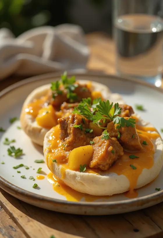 Bunny chow bárányhússal tálalva, friss korianderrel díszítve