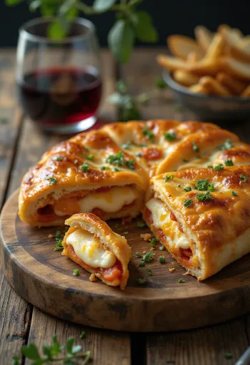 Calzone bazsalikommal, aranybarna kérgű, bazsalikommal és sajttal töltve