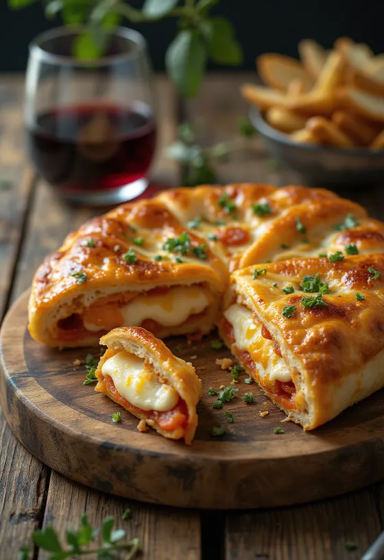 Calzone bazsalikommal, aranybarna kérgű, bazsalikommal és sajttal töltve