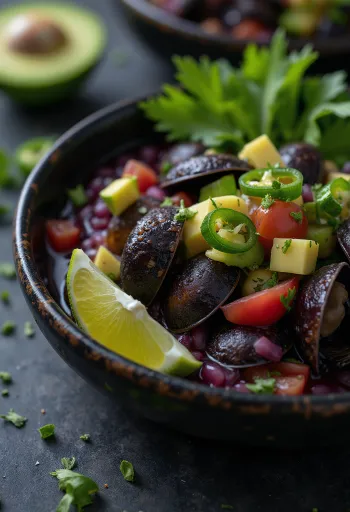 Ceviche de Conchas Negras, friss tenger gyümölcseivel és avokádóval tálalva
