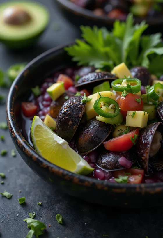 Ceviche de Conchas Negras, friss tenger gyümölcseivel és avokádóval tálalva