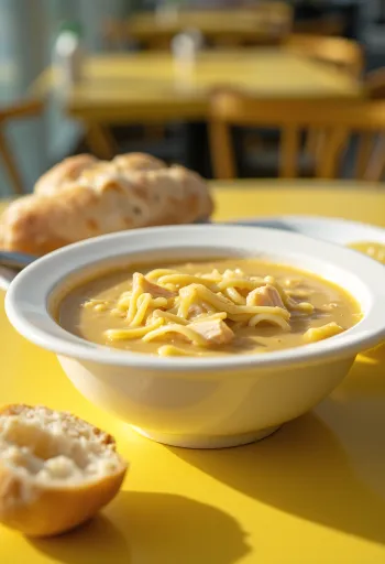 Ciorba Radauteana csirkehússal és tejföllel, egy tálban friss petrezselyemmel díszítve