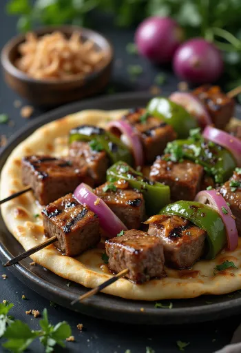 Dana Şiş marhahús nyárs grillezett zöldségekkel és lapos kenyérrel tálalva