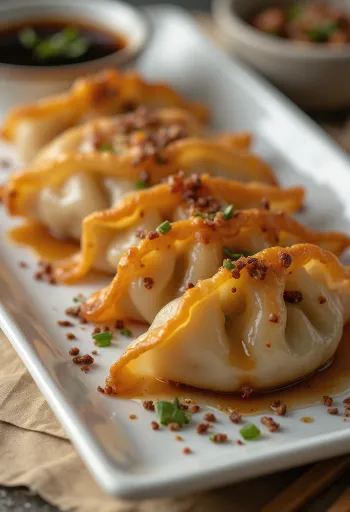 Duck Gyoza tálalva pekingi stílusú kacsahússal és szójaszószos mártogatóval