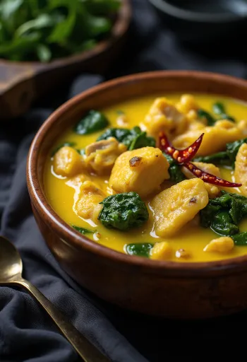 Egusi soup csirkehússal, gazdag fűszeres leves csirkehússal és zöldségekkel tálalva