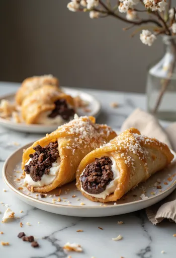 Étcsokis-kókuszos cannoli tálalva