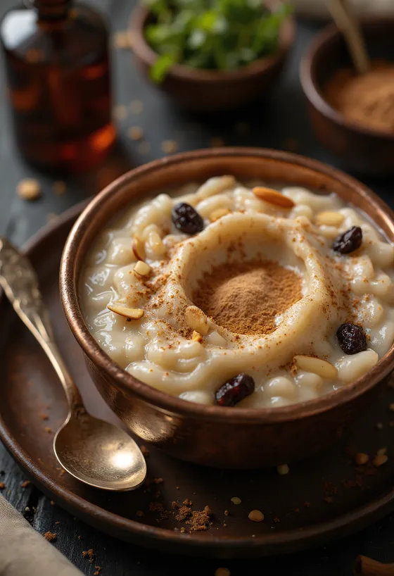 Fahéjas Kheer mandulával és mazsolával
