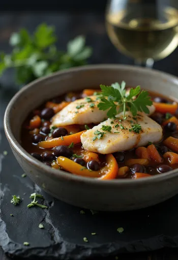 Feijoada füstölt halakkal, tálalva friss korianderrel