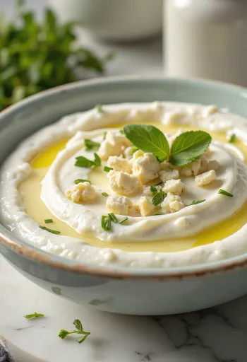 Kapros feta joghurtmártás tálalva friss pita kenyérrel